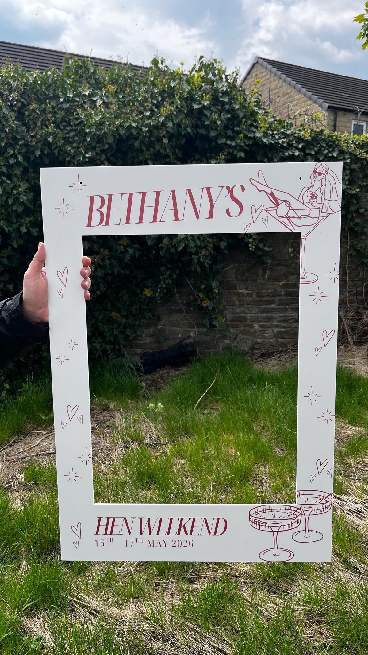 Personalised Cocktail Hen Party Selfie Frame, Chic Bachelorette Photo Booth Frame, Bride Martini Glass Hen Weekend Prop, Custom Hen Do Decor