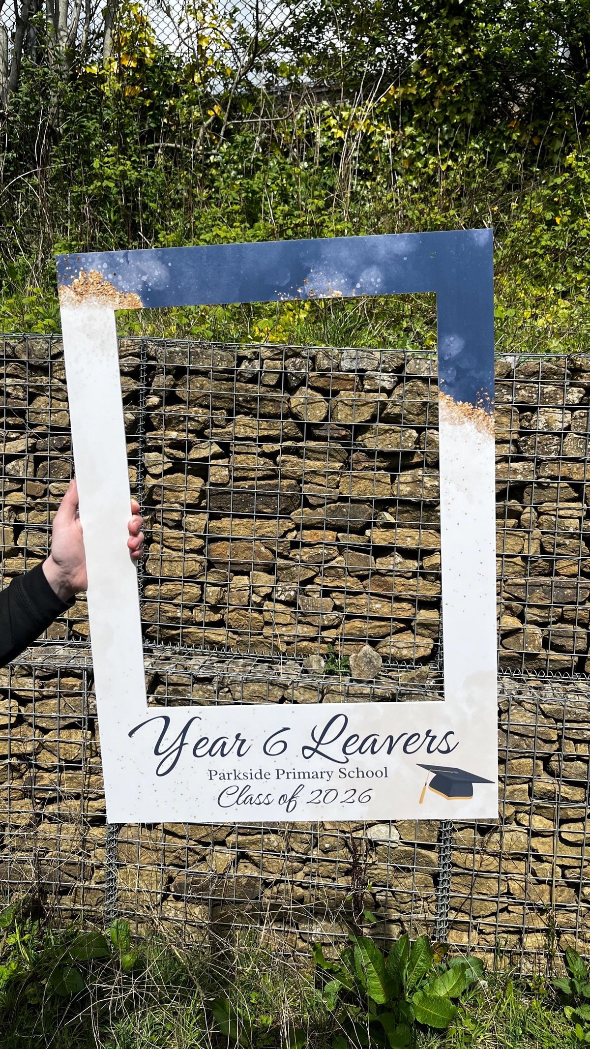 Personalised 2026 Leavers Selfie Frame – Navy Gold School