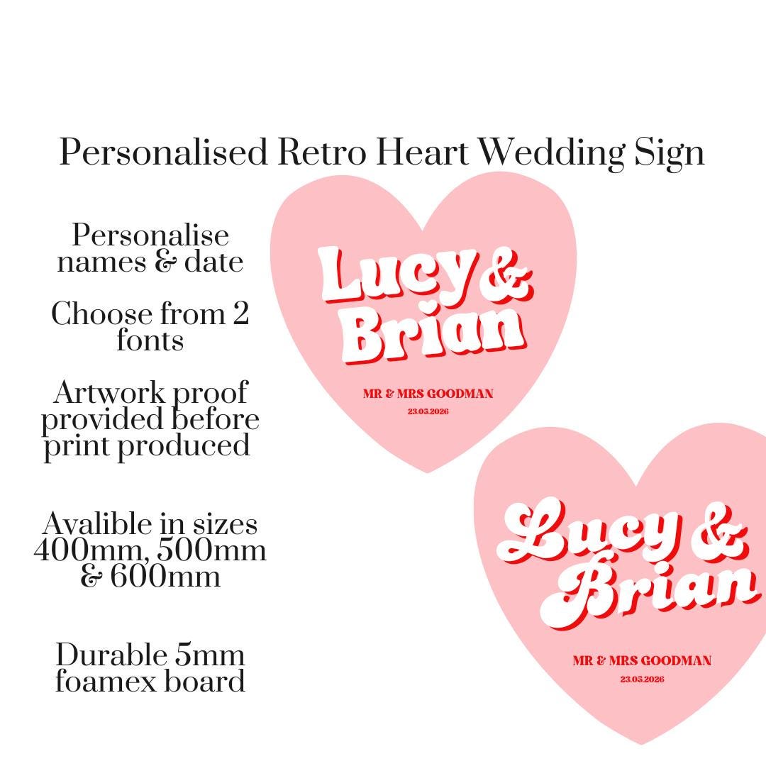 Personalised Retro Heart Wedding Sign, Custom Foam Board Wedding Decor, 70s Inspired Wedding Sign, Groovy Wedding Welcome Board