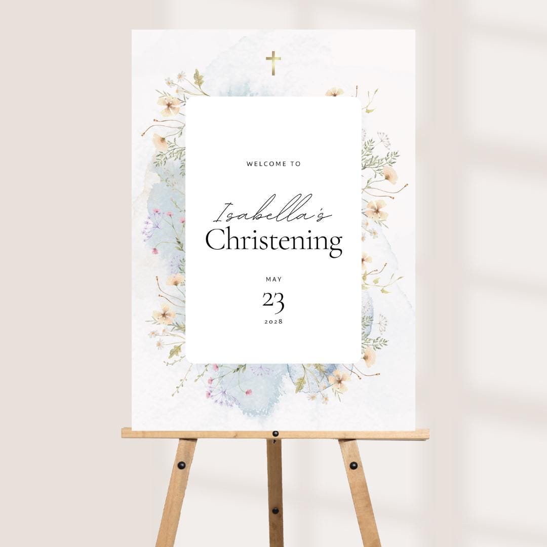 Personalised Printed Christening Welcome Board, Watercolour Christening Sign, Floral Baptism Welcome Board, Custom Baby 