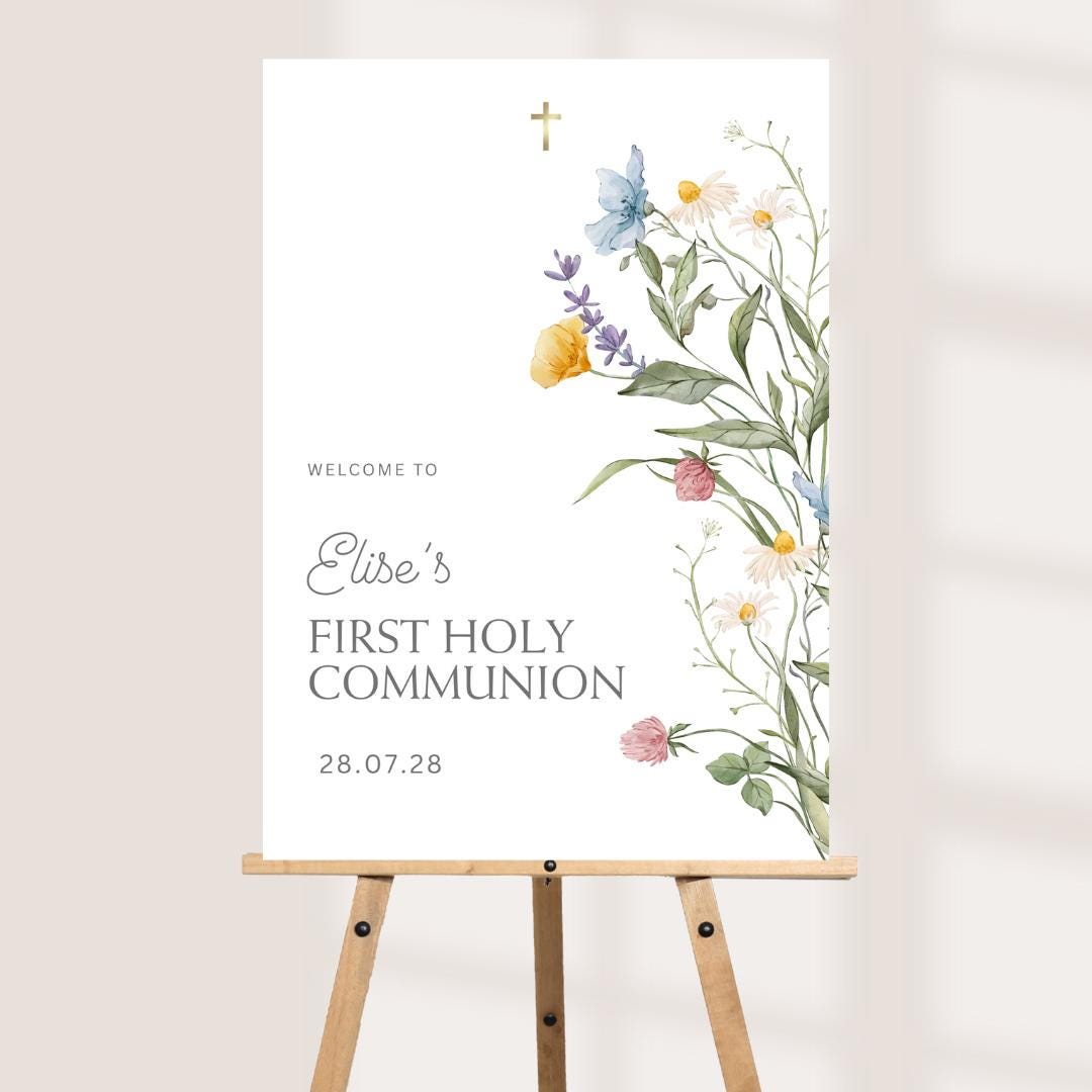 Personalised Printed First Holy Communion Welcome Board, Floral Communion Sign, Wildflower Communion Decor, Pastel Commu