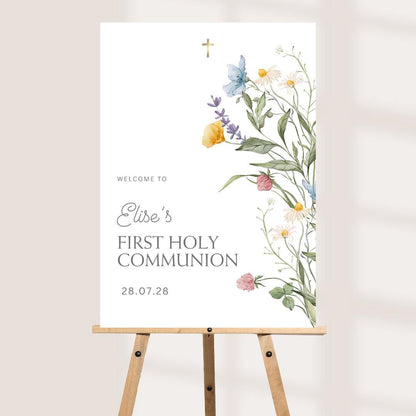 Personalised Printed First Holy Communion Welcome Board, Floral Communion Sign, Wildflower Communion Decor, Pastel Commu