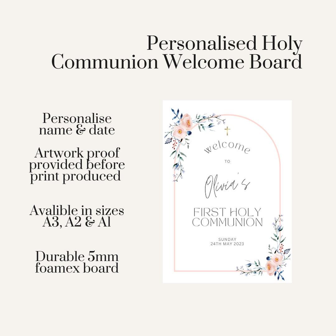Personalised Printed First Holy Communion Welcome Board, Pink Floral Communion Sign, Arch Communion Board, Pastel Communion Decor