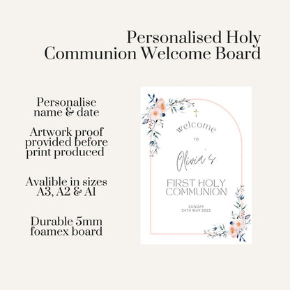 Personalised Printed First Holy Communion Welcome Board, Pink Floral Communion Sign, Arch Communion Board, Pastel Communion Decor