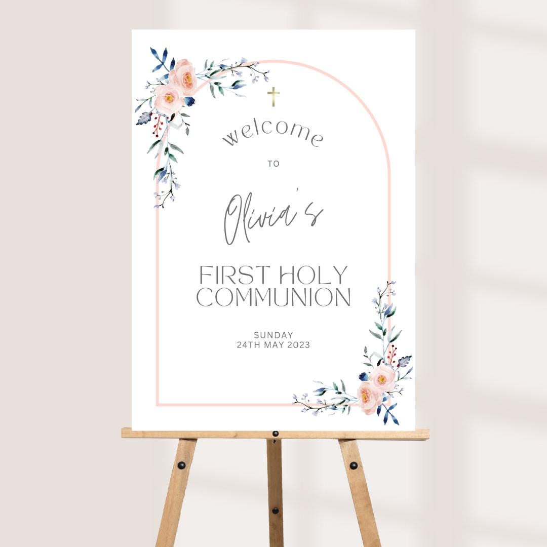 Personalised Printed First Holy Communion Welcome Board, Pink Floral Communion Sign, Arch Communion Board, Pastel Commun