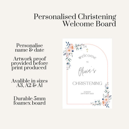 Personalised Christening Welcome Board – Blush Pink Arch, Floral Baptism