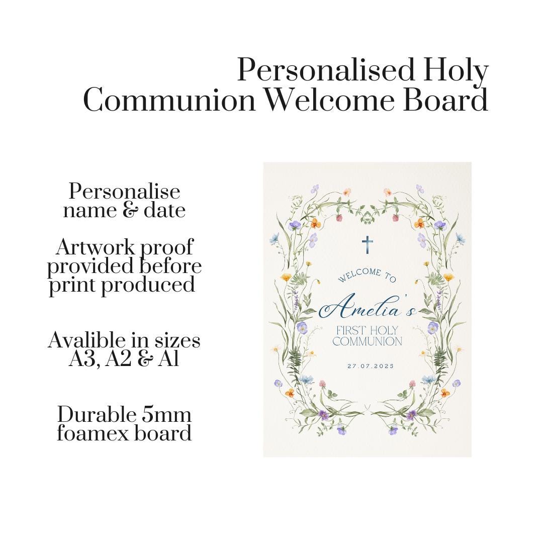 Personalised Printed Holy Communion Welcome Board, Wildflower Communion Sign, Floral Custom First Holy Communion Decor, Botanical Communion