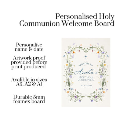 Personalised Printed Holy Communion Welcome Board, Wildflower Communion Sign, Floral Custom First Holy Communion Decor, Botanical Communion