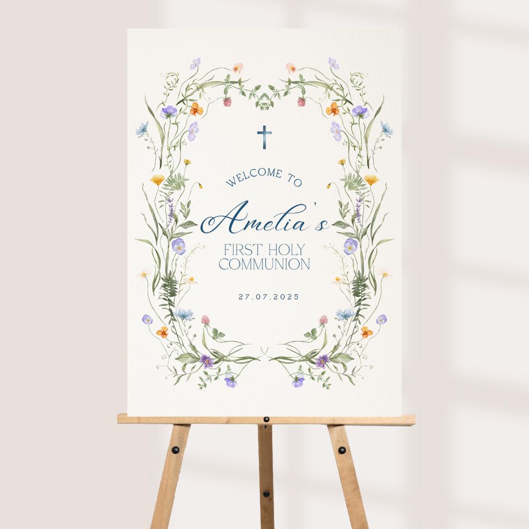 Personalised Printed Holy Communion Welcome Board, Wildflower Communion Sign, Floral Custom First Holy Communion Decor, 