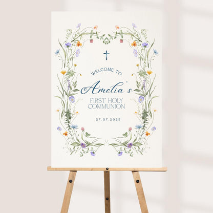 Personalised Printed Holy Communion Welcome Board, Wildflower Communion Sign, Floral Custom First Holy Communion Decor, 