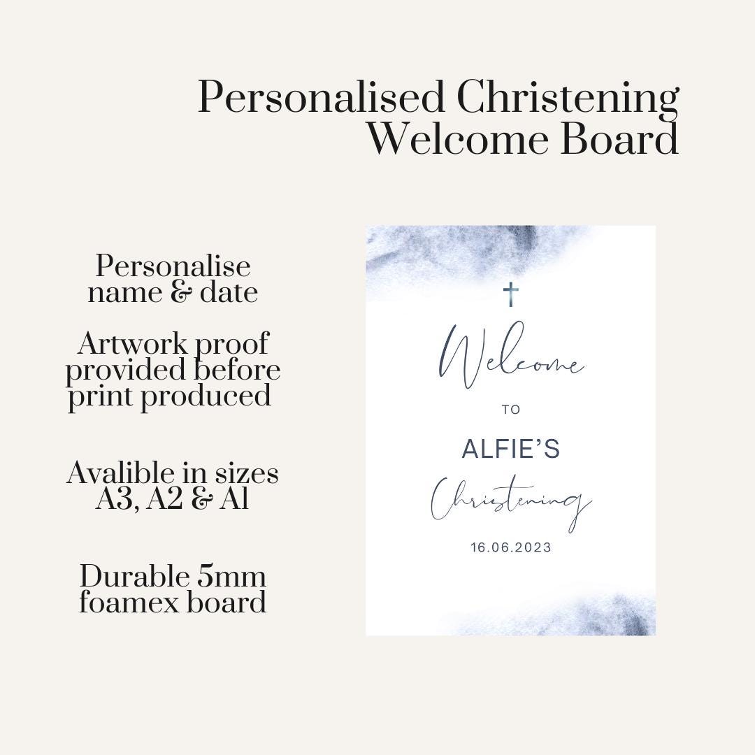 Personalised Printed Blue Watercolour Christening Welcome Board, Modern Christening Sign, Custom Baptism Decor