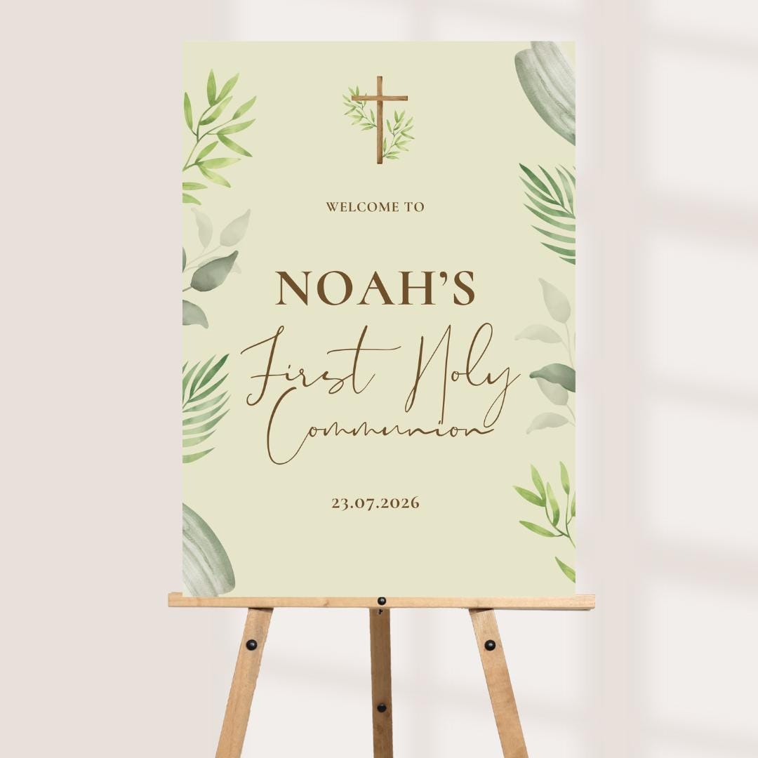 Personalised Printed Sage Green First Holy Communion Welcome Board, Botanical Communion Sign, Custom Church Decor