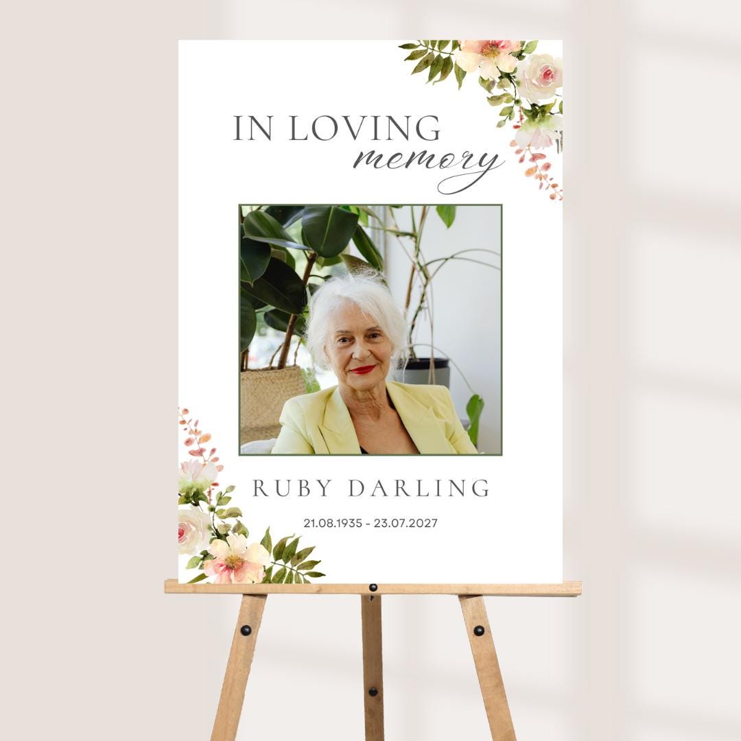Personalised Printed Floral Funeral Memorial Board, Elegant Photo Memory Sign, Soft Neutral Celebration Of Life Welcome 