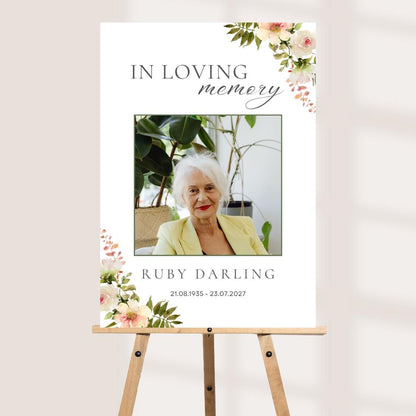 Personalised Printed Floral Funeral Memorial Board, Elegant Photo Memory Sign, Soft Neutral Celebration Of Life Welcome 