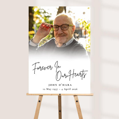 Personalised Printed Photo Funeral Memorial Board, Modern Forever In Our Hearts Sign, Minimal Celebration Of Life Foam B