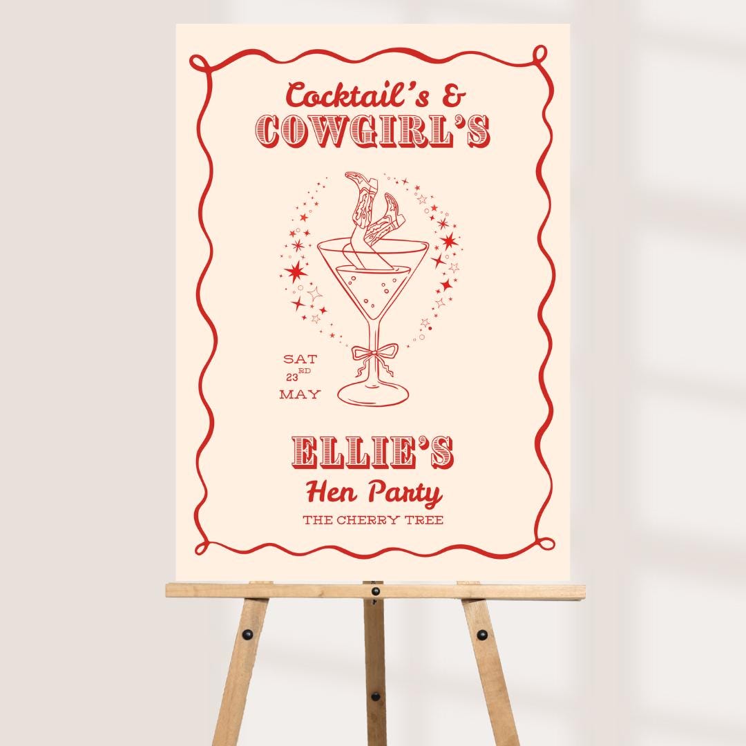 Personalised Printed Cocktails & Cowgirls Hen Party Welcome Board, Theme Western Bachelorette Sign, Custom Rodeo Bridal 