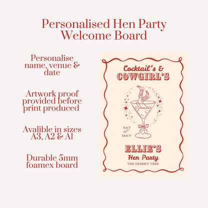 Personalised Printed Cocktails & Cowgirls Hen Party Welcome Board, Theme Western Bachelorette Sign, Custom Rodeo Bridal Party