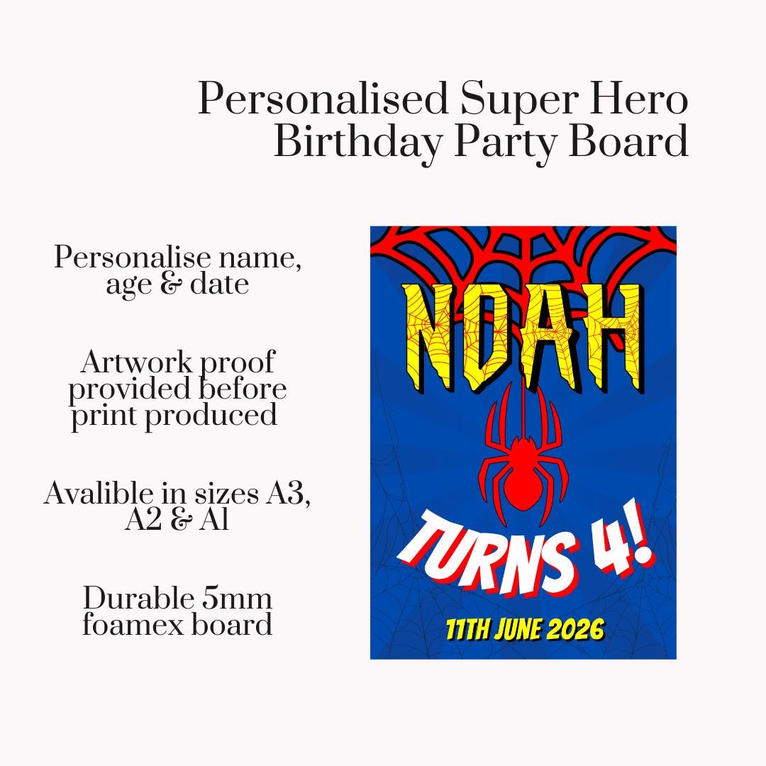 Personalised Super Hero Birthday Welcome Board | Spider Theme Birthday Sign | Custom Birthday Party Board | Superhero Party Decorations