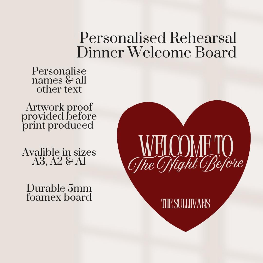 Personalised Rehearsal Dinner Welcome Board – Heart Shaped