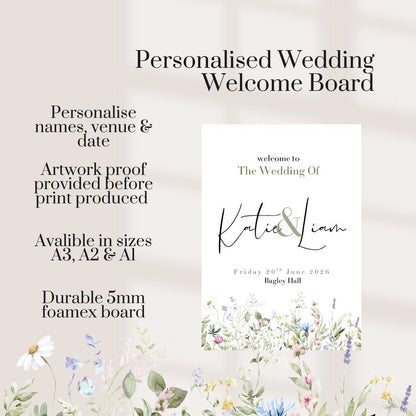 Personalised Floral Wedding Welcome Sign | Wildflower Wedding Entrance Board | Custom Wedding Welcome Board | Foam Board Wedding Sign