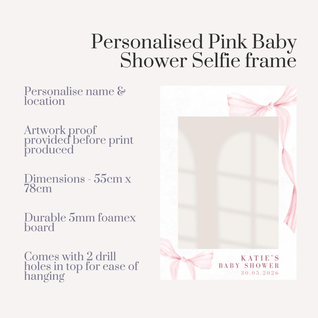 Personalised Pink Baby Shower Selfie Frame | Custom Baby Shower Photo Booth Frame | Pink Bow Baby Shower Prop | Baby Shower Decorations