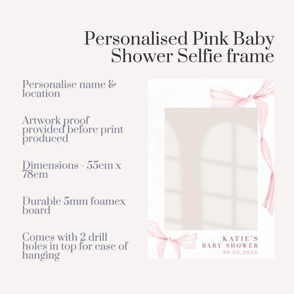 Personalised Pink Baby Shower Selfie Frame | Custom Baby Shower Photo Booth Frame | Pink Bow Baby Shower Prop | Baby Shower Decorations