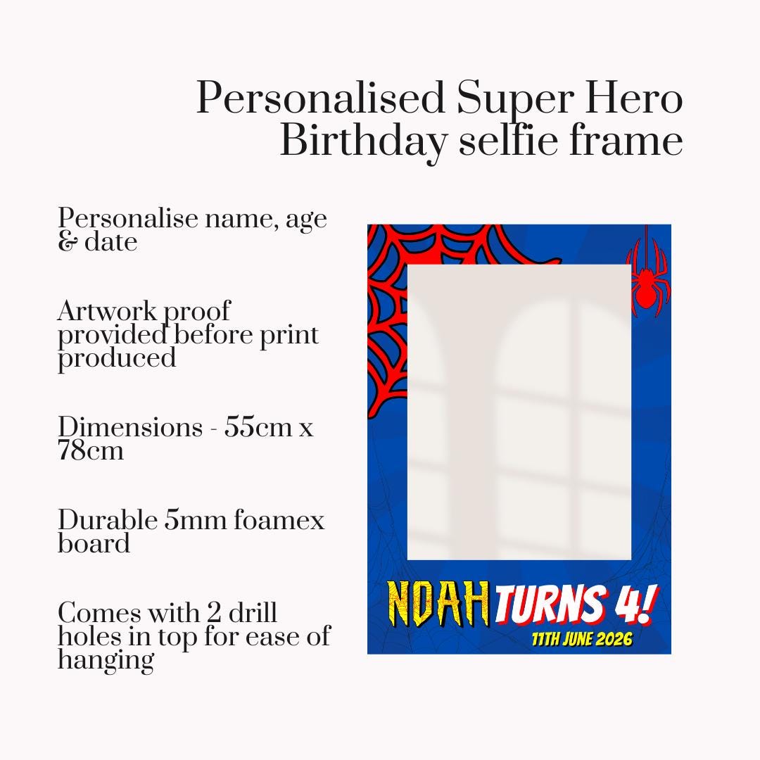Personalised Super Hero Birthday Selfie Frame | Spider Theme Photo Booth Frame | Custom Superhero Party Prop | Birthday Decorations