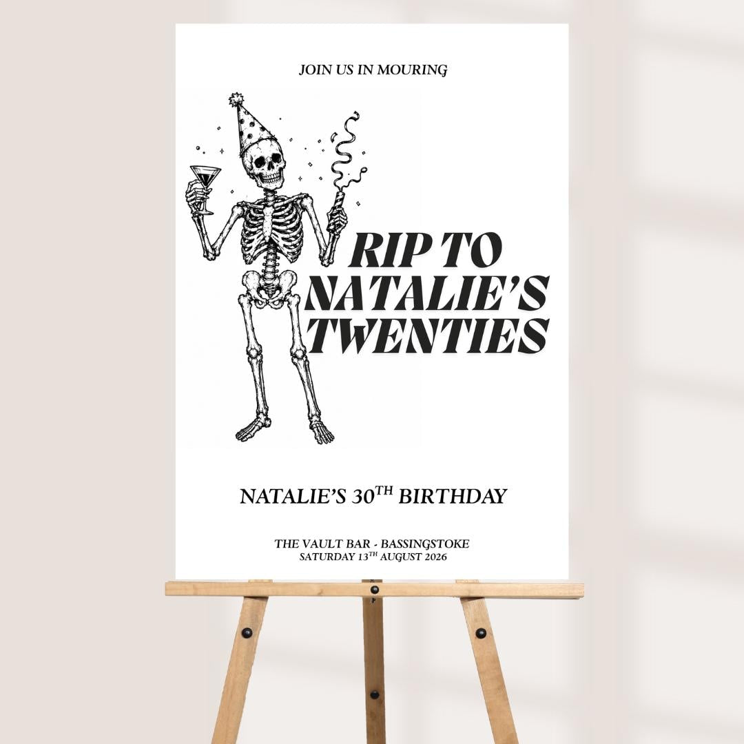 RIP Twenties 30th Birthday Welcome Board, Personalised Skeleton Party Sign, Funny Thirty Birthday Decor, Custom Name Ven