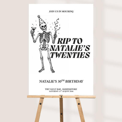 RIP Twenties 30th Birthday Welcome Board, Personalised Skeleton Party Sign, Funny Thirty Birthday Decor, Custom Name Ven