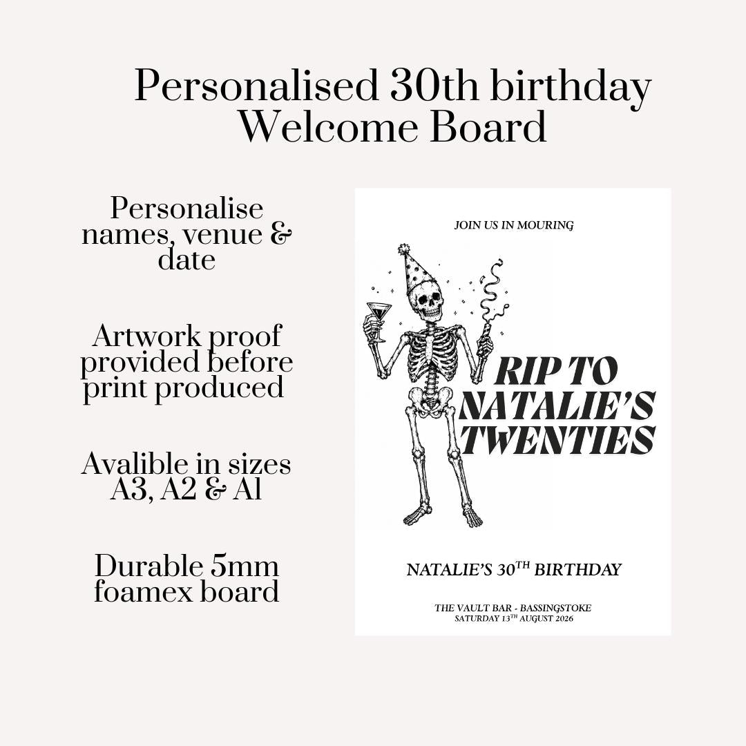 RIP Twenties 30th Birthday Welcome Board, Personalised Skeleton Party Sign, Funny Thirty Birthday Decor, Custom Name Venue Date Signage