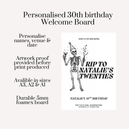 RIP Twenties 30th Birthday Welcome Board, Personalised Skeleton Party Sign, Funny Thirty Birthday Decor, Custom Name Venue Date Signage