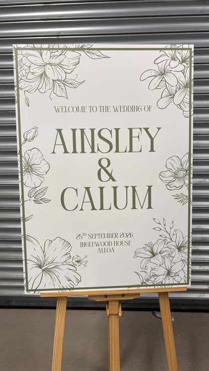 Printed Personalised Wedding Welcome Sign/Board | Wedding Selfie Props | Wedding Decorations | Green Floral |  A3/A2/A1 Sizes