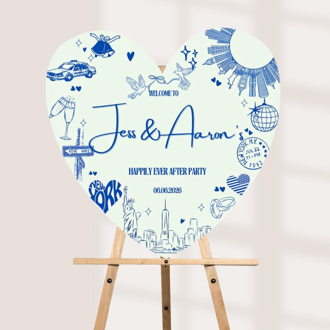 Personalised Heart New York Wedding Welcome Sign, NYC Wedding Welcome Board, Custom Heart Wedding Sign, Happily Ever Aft