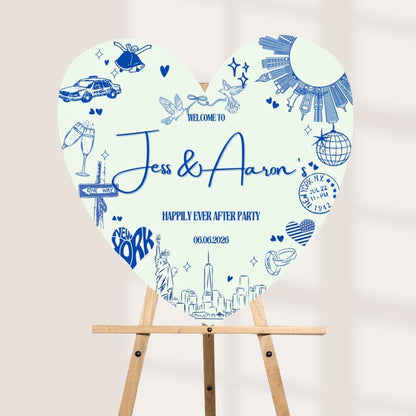 Personalised Heart New York Wedding Welcome Sign, NYC Wedding Welcome Board, Custom Heart Wedding Sign, Happily Ever Aft