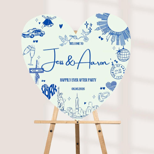 Personalised Heart New York Wedding Welcome Sign, NYC Wedding Welcome Board, Custom Heart Wedding Sign, Happily Ever Aft