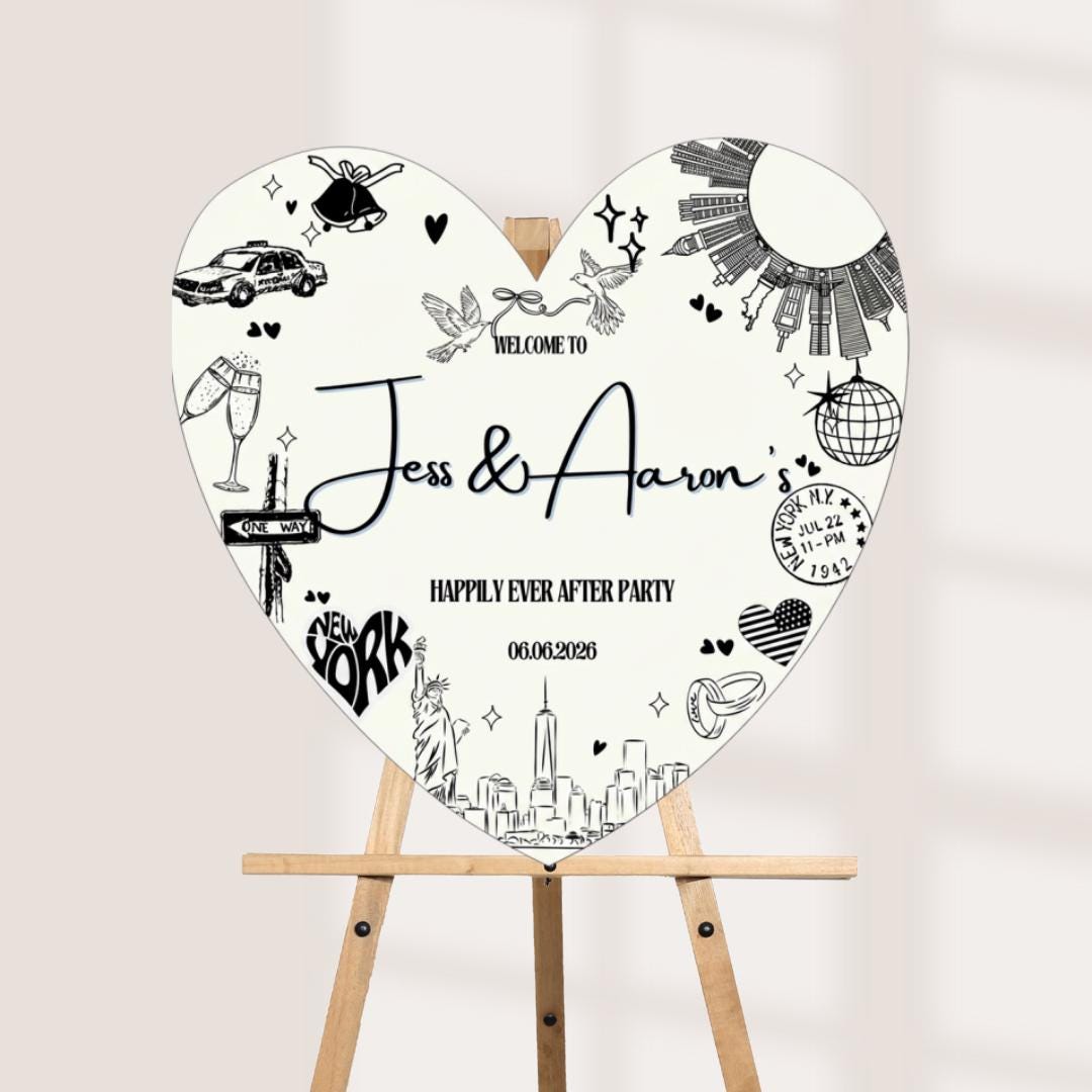 Personalised Heart New York Wedding Welcome Sign, NYC Wedding Welcome Board, Custom Heart Wedding Sign, Happily Ever After Party Decor