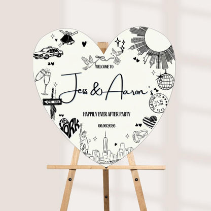Personalised Heart New York Wedding Welcome Sign, NYC Wedding Welcome Board, Custom Heart Wedding Sign, Happily Ever After Party Decor