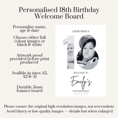 Personalised 18th Birthday Welcome Sign, Custom Photo Birthday Welcome Board, Look Who’s 18 Party Sign, Birthday Foam Board Decor