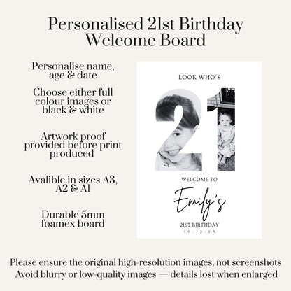Personalised 21st Birthday Welcome Sign, Custom Photo Birthday Welcome Board, Look Who’s 21 Party Sign, Birthday Foam Board Decor
