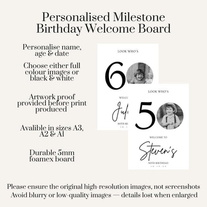 Personalised Milestone Birthday Welcome Sign, Custom Photo Birthday Welcome Board, Look Who’s 50/60 Party Sign, Birthday Foam Board Decor