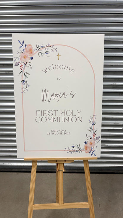 Personalised Printed First Holy Communion Welcome Board, Pink Floral Communion Sign, Arch Communion Board, Pastel Communion Decor