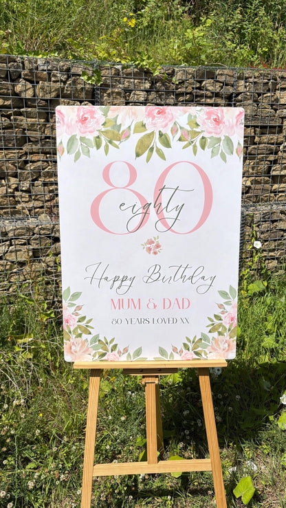 Personalised 80th Birthday Welcome Sign, Floral Birthday Party Board, Custom Milestone Birthday Decoration, Elegant Birthday Sign, Any Age