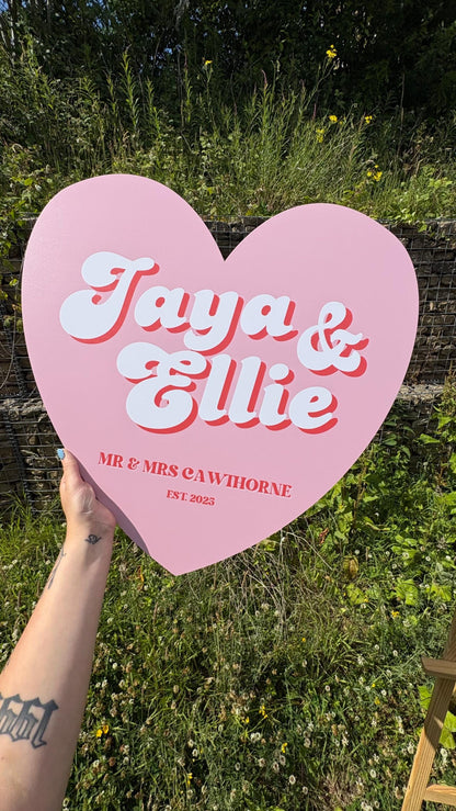 Personalised Retro Heart Wedding Sign, Custom Foam Board Wedding Decor, 70s Inspired Wedding Sign, Groovy Wedding Welcome Board