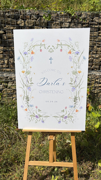 Personalised Printed Christening Welcome Board, Pink Arch Christening Sign, Floral Baptism Welcome Board, Botanical Christening Decor