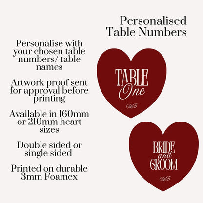 Personalised Heart Wedding Table Numbers | Custom Wedding Table Number Signs | Matching Wedding Signage | Custom Colour