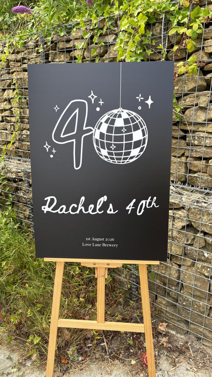 Personalised 40th Birthday Welcome Board, Disco Birthday Sign, Custom Party Welcome Sign, 40th Party Sign with Name & Date