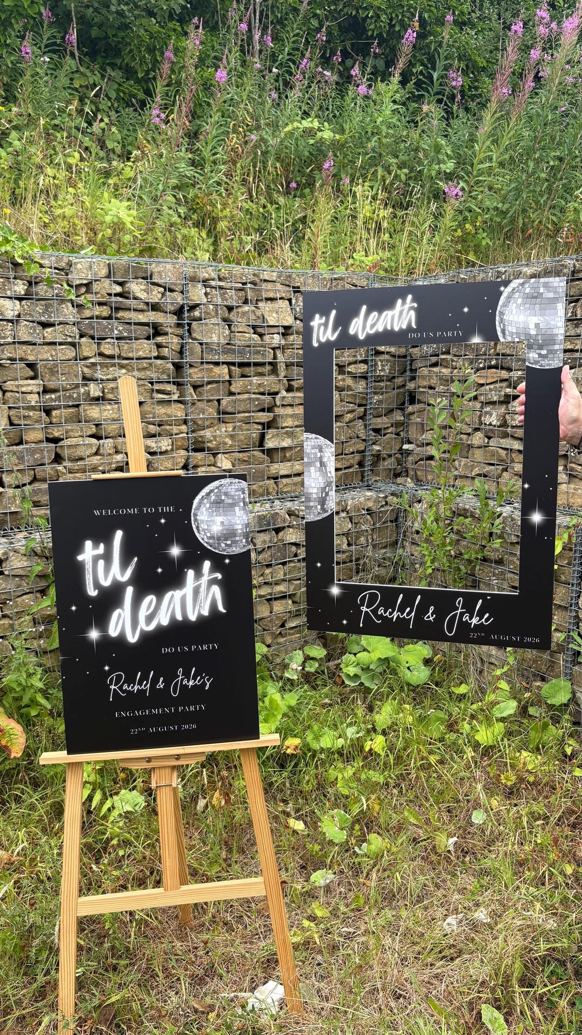 Til Death Do Us Party Selfie Frame | Disco Wedding Photo Booth Frame | Personalised Engagement Party Decor | Black & Silver Wedding Sign