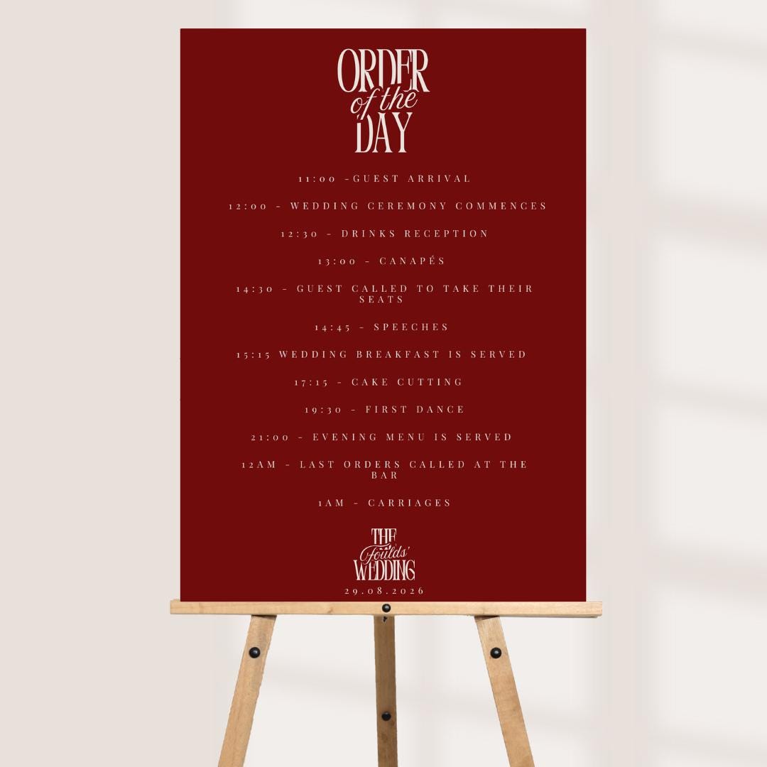 Wedding Order of the Day Sign, Personalised Timeline Board, Modern Wedding Schedule, Portrait or Landscape A1,A2,A3 x 3 