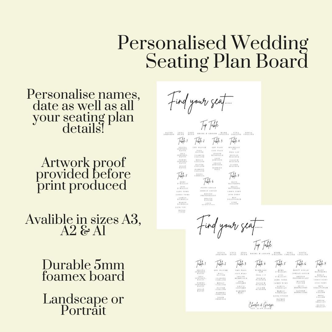Wedding Seating Plan Board, Personalised Find Your Seat Sign, Minimalist Table Plan, Portrait or Landscape A1, A2, A3