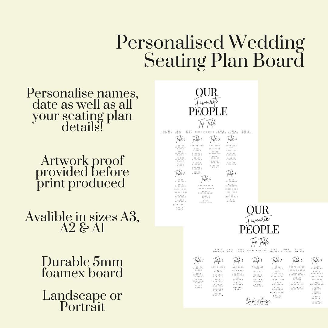 Our Favourite People Seating Plan Board, Personalised Wedding Table Plan, Minimalist Seating Chart, Portrait or Landscape A1, A2, A3